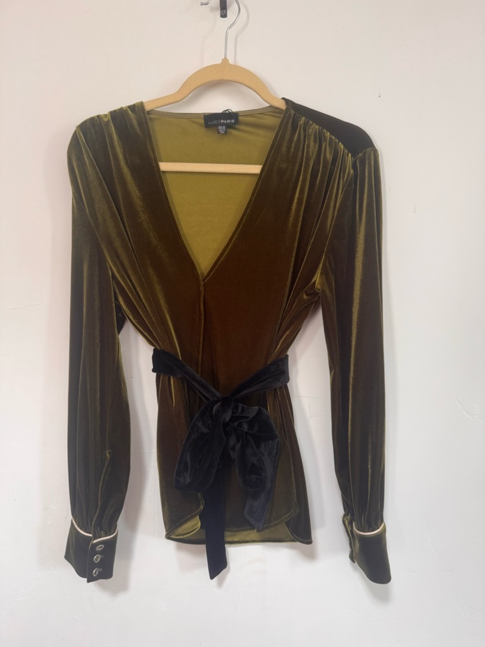 Lucy Paris Olive Green Velvet Wrap Blouse with Black Tie